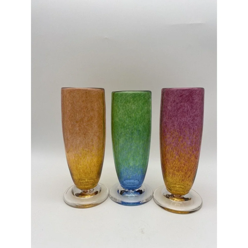 S.Palmer‎ SIGNED Hand Blown Glasses Tumblers Set Of 3 Speckled 8.5